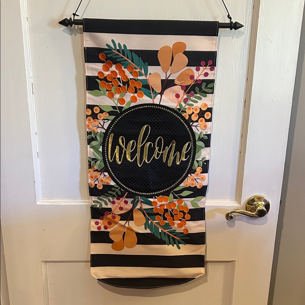 Striped Welcome Wall Hanging with Floral Design Only Used Insoors.